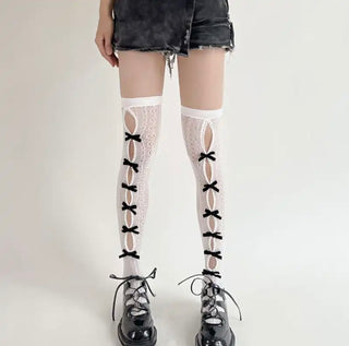 Stocking Bow Tie Lace Thigh Socks - O/S