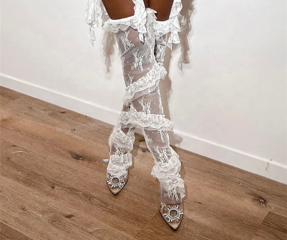 Ruffled Lace Patchwork Long Thigh High Socks - endlessxluxury